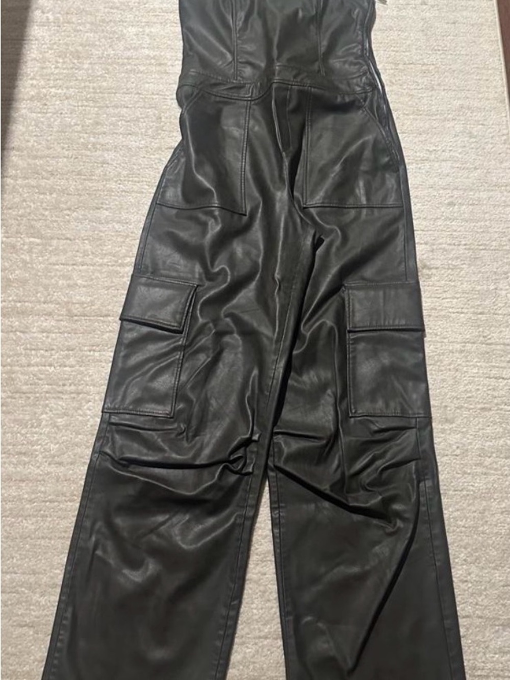 Zara Black Faux Leather Cargo Flare Jumpsuit Pants